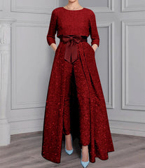 2-Piece Long-Sleeve Mother of the Bride Pantsuit with Sash and Sequins