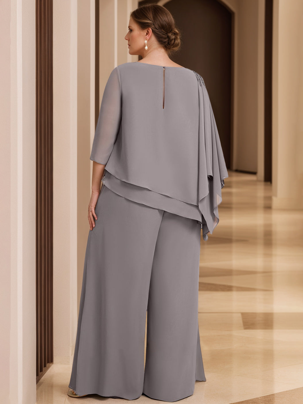 2-Piece Scoop Neck Chiffon Gown with 3/4 Sleeves and Beading for Plus-Size Mothers of the Bride