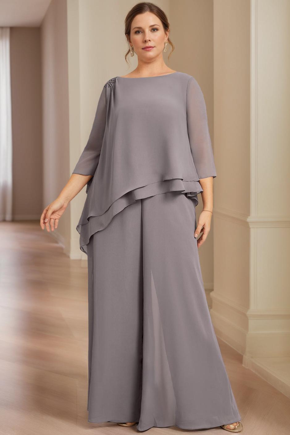 2-Piece Scoop Neck Chiffon Gown with 3/4 Sleeves and Beading for Plus-Size Mothers of the Bride