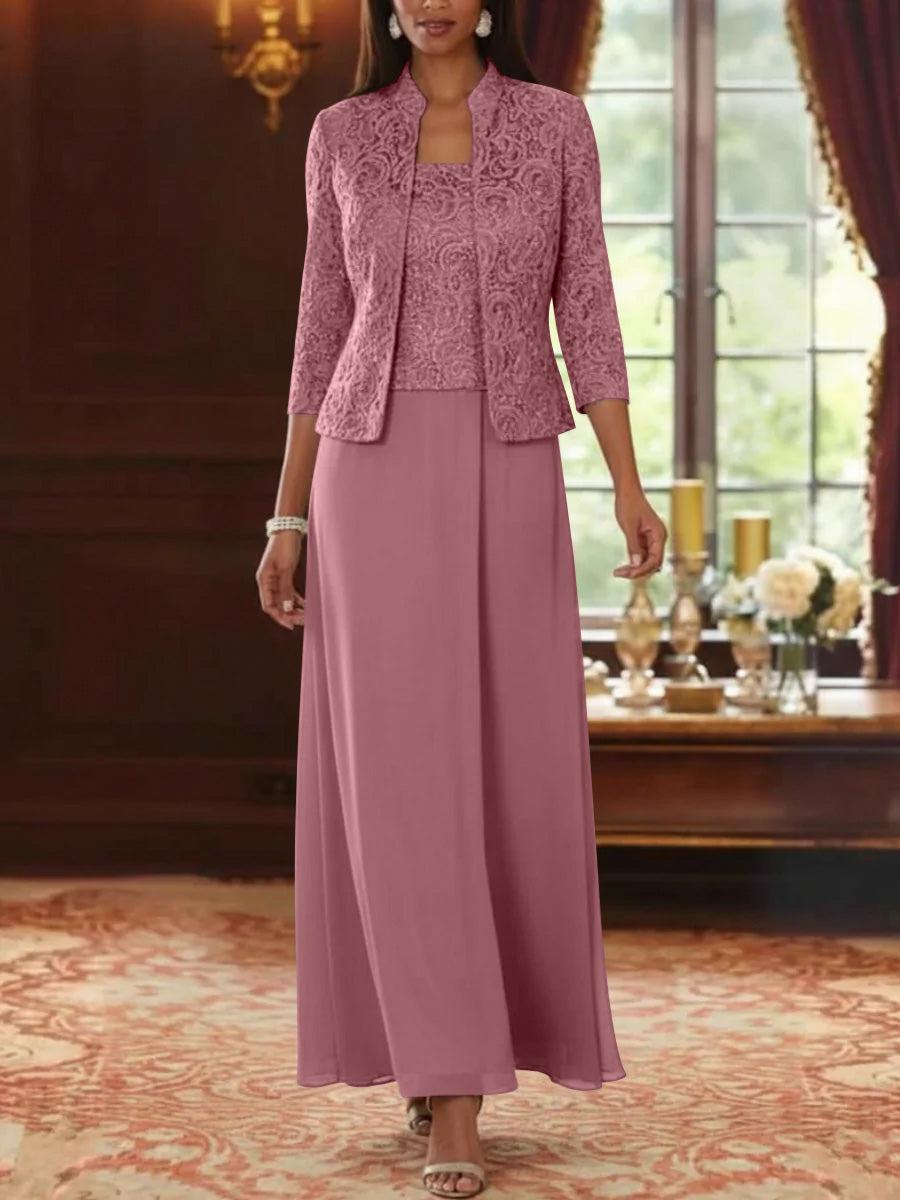 2 Pieces A-Line/Princess Square Collar Chiffon Mother of the Bride Dresses with Jacket Lace Ankle-Length 3/4 Sleeves