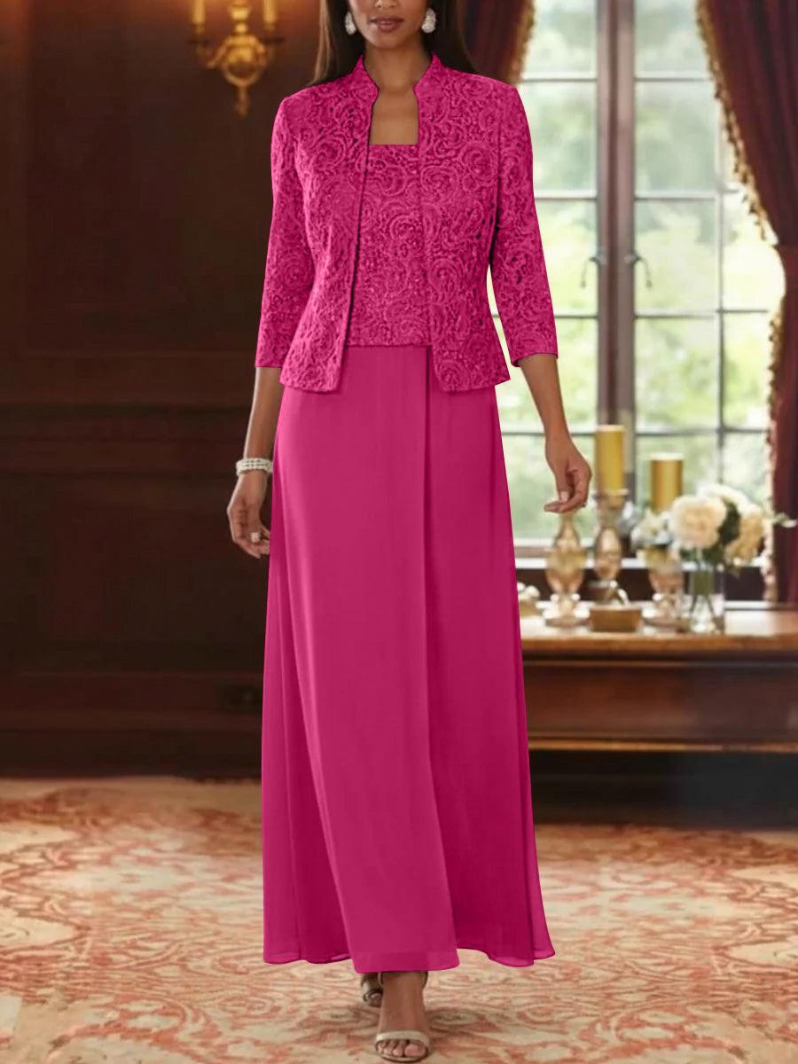 2 Pieces A-Line/Princess Square Collar Chiffon Mother of the Bride Dresses with Jacket Lace Ankle-Length 3/4 Sleeves