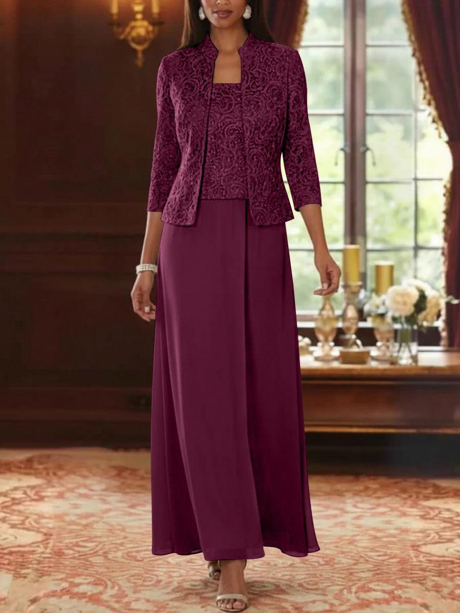 2 Pieces A-Line/Princess Square Collar Chiffon Mother of the Bride Dresses with Jacket Lace Ankle-Length 3/4 Sleeves