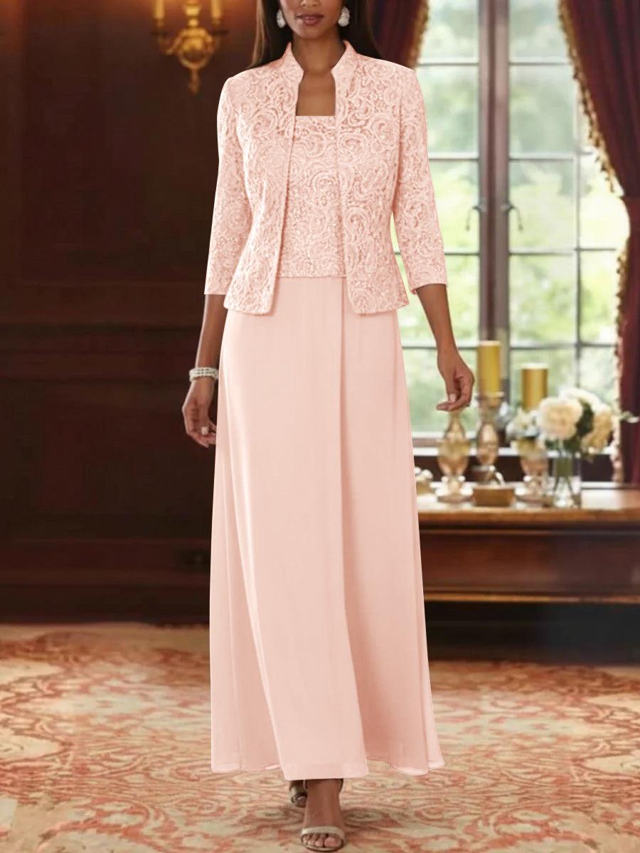 2 Pieces A-Line/Princess Square Collar Chiffon Mother of the Bride Dresses with Jacket Lace Ankle-Length 3/4 Sleeves