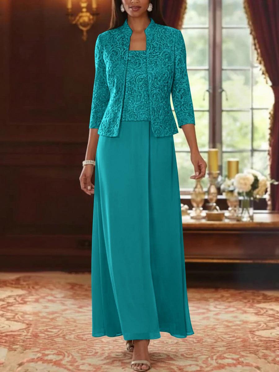2 Pieces A-Line/Princess Square Collar Chiffon Mother of the Bride Dresses with Jacket Lace Ankle-Length 3/4 Sleeves