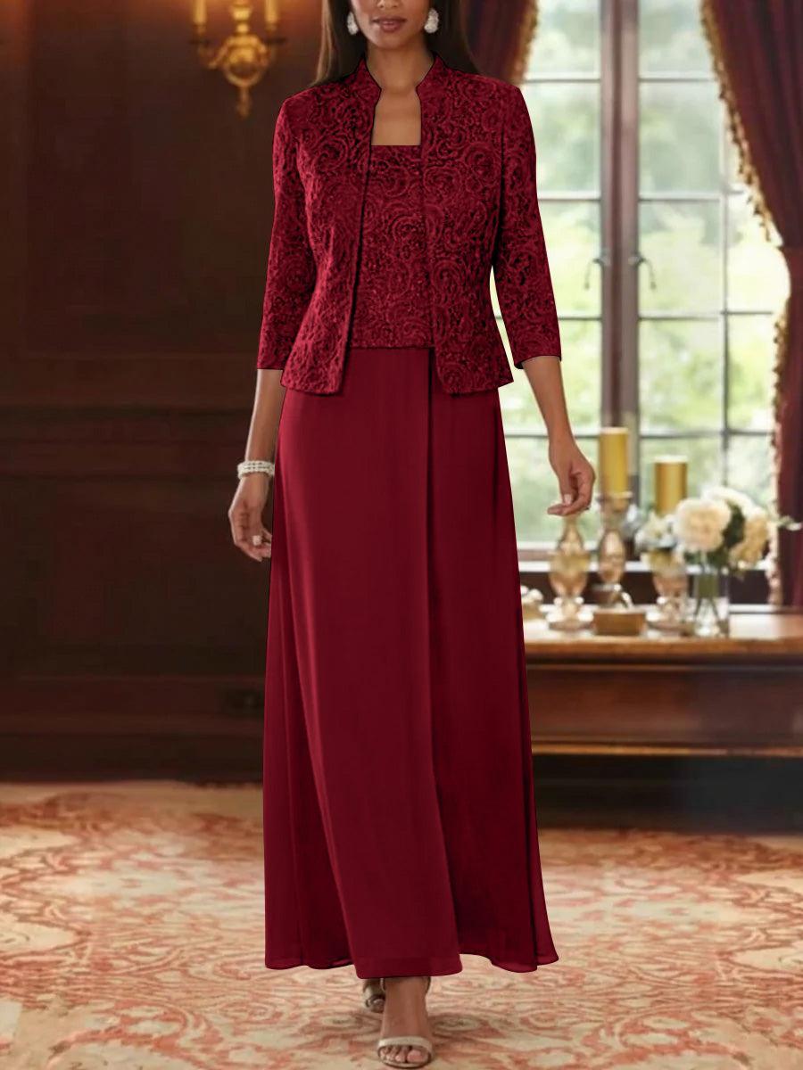 2 Pieces A-Line/Princess Square Collar Chiffon Mother of the Bride Dresses with Jacket Lace Ankle-Length 3/4 Sleeves