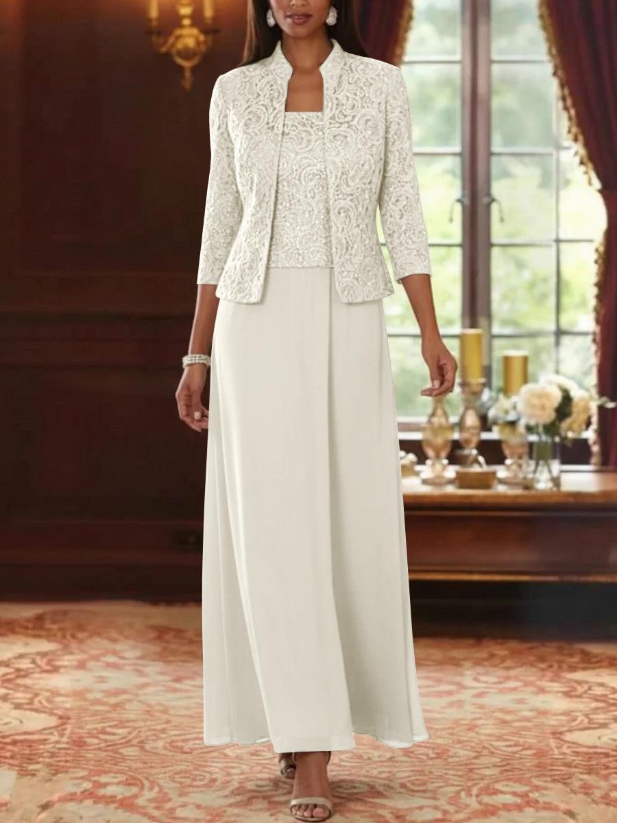 2 Pieces A-Line/Princess Square Collar Chiffon Mother of the Bride Dresses with Jacket Lace Ankle-Length 3/4 Sleeves