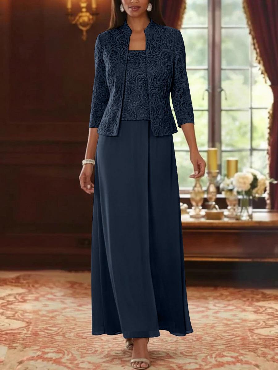 2 Pieces A-Line/Princess Square Collar Chiffon Mother of the Bride Dresses with Jacket Lace Ankle-Length 3/4 Sleeves