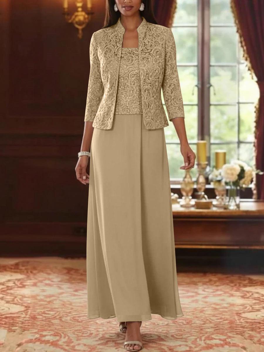 2 Pieces A-Line/Princess Square Collar Chiffon Mother of the Bride Dresses with Jacket Lace Ankle-Length 3/4 Sleeves