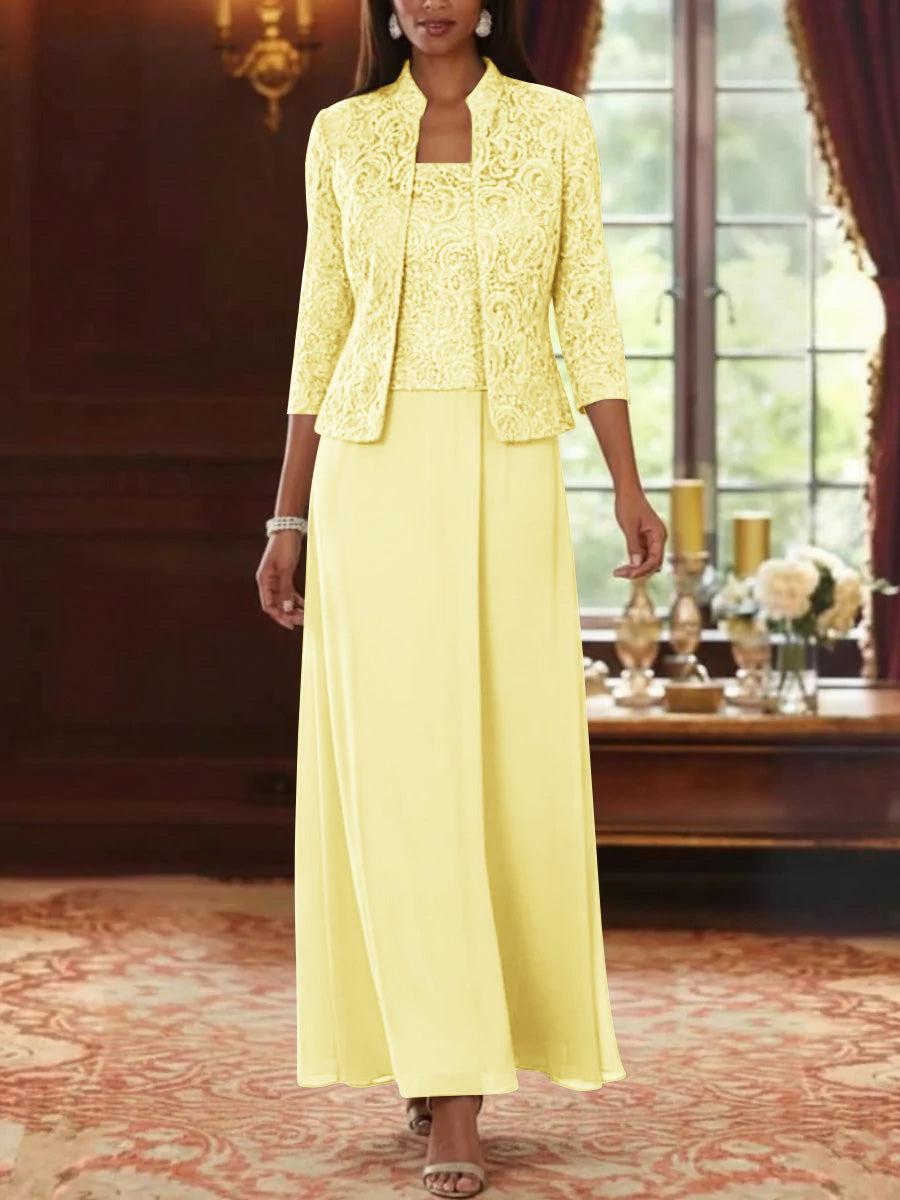 2 Pieces A-Line/Princess Square Collar Chiffon Mother of the Bride Dresses with Jacket Lace Ankle-Length 3/4 Sleeves