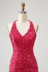 Sparkly Fuchsia Halter Neck Bodycon Sequin Short Homecoming Dress with Fringe