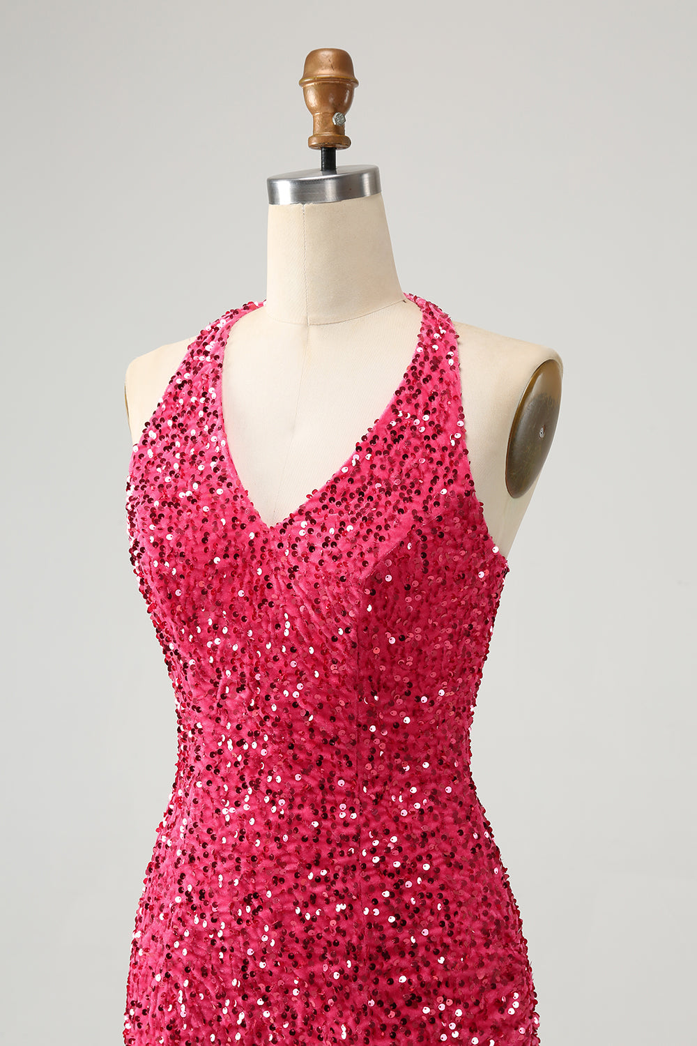 Sparkly Fuchsia Halter Neck Bodycon Sequin Short Homecoming Dress with Fringe