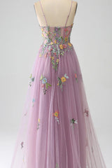 Lilac A-Line Spaghetti Straps Long Prom Dress With Appliques