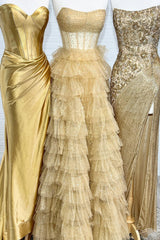 Glitter Golden Strapless A-Line Tulle Long Ruffled Prom Dress