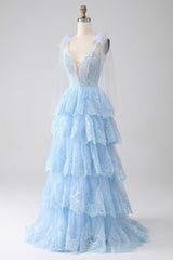 Dark Blue Ruffled Tiered Lace A-Line Long Prom Dress