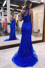 Blue Evening Dress with Sheer Straps Applique Beading and Slit