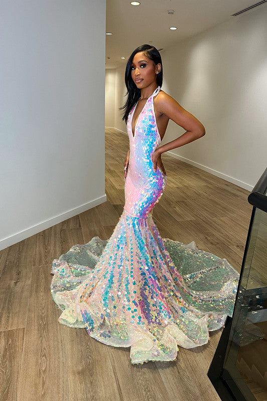 Sequins Halter V Neck Mermaid Evening Dress with Tulle