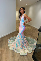 Sequins Halter V Neck Mermaid Evening Dress with Tulle