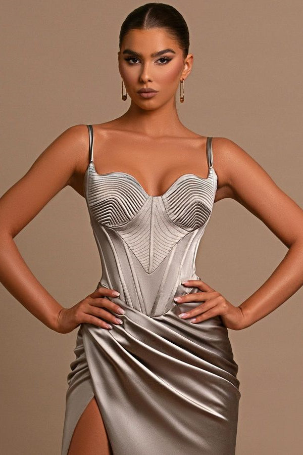 Grey Ball Gown Evening Dress with Slit Pleated Spaghetti Straps