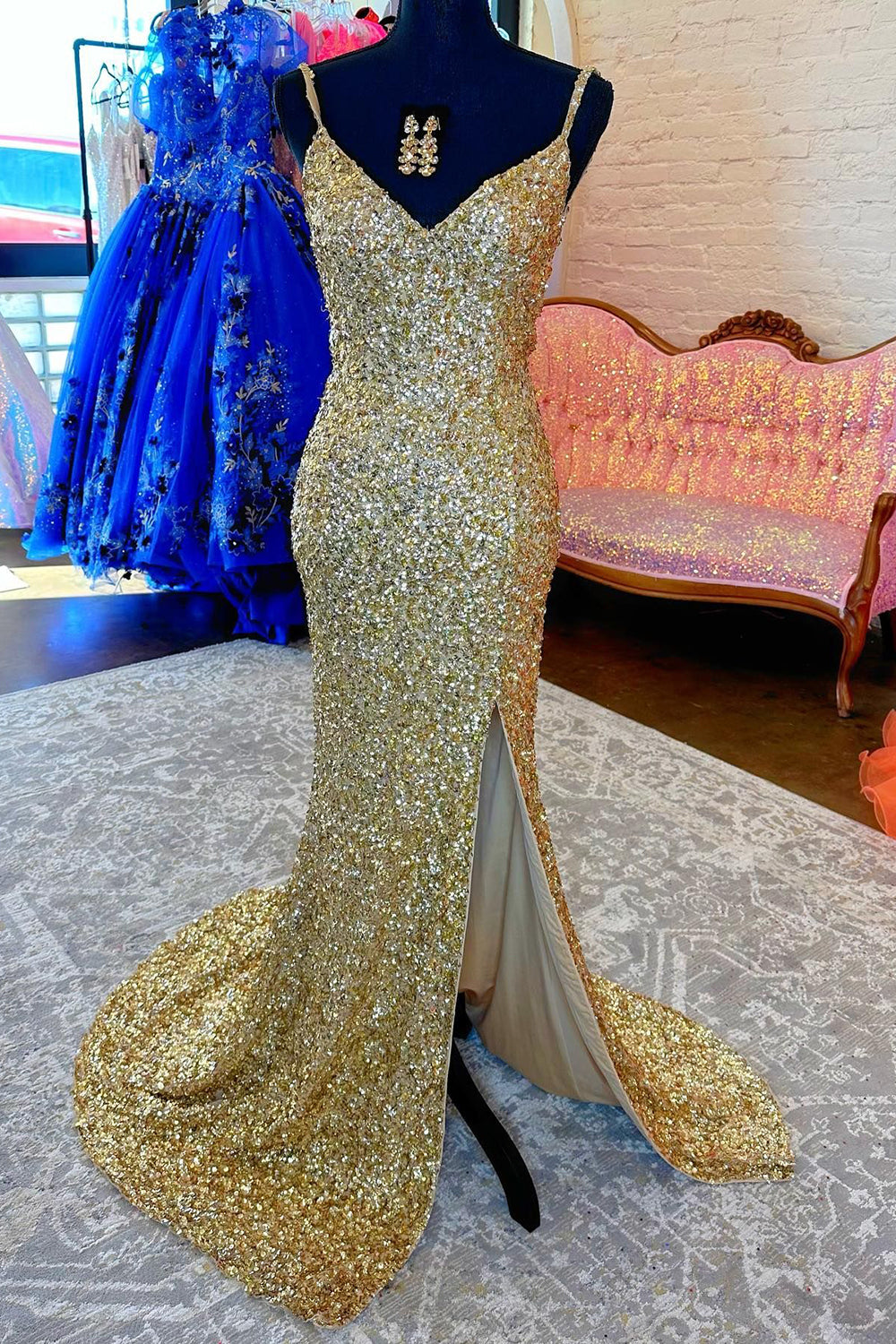 Orange Sparkly Mermaid V Neck Sequins Long Prom Dress