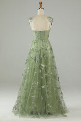 Green A Line Square Neck Corset Long Tulle Formal Party Dress with 3D Butterflies