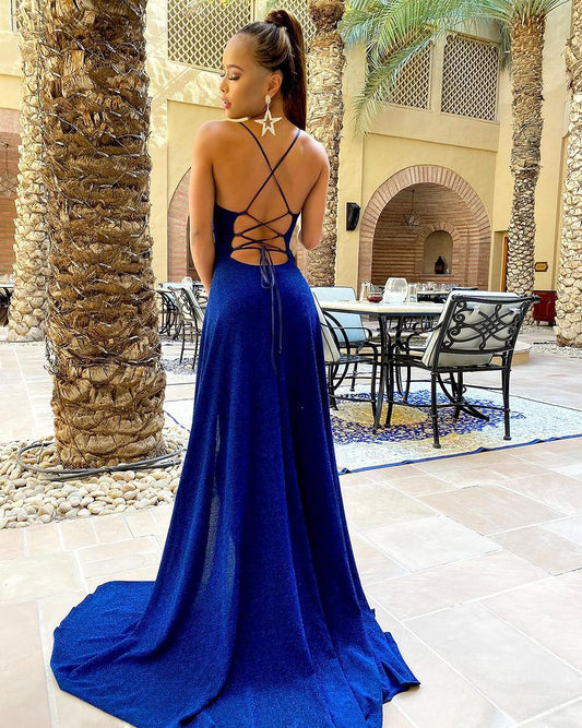 Royal Blue Spaghetti-Strap Mermaid Evening Dress with Split