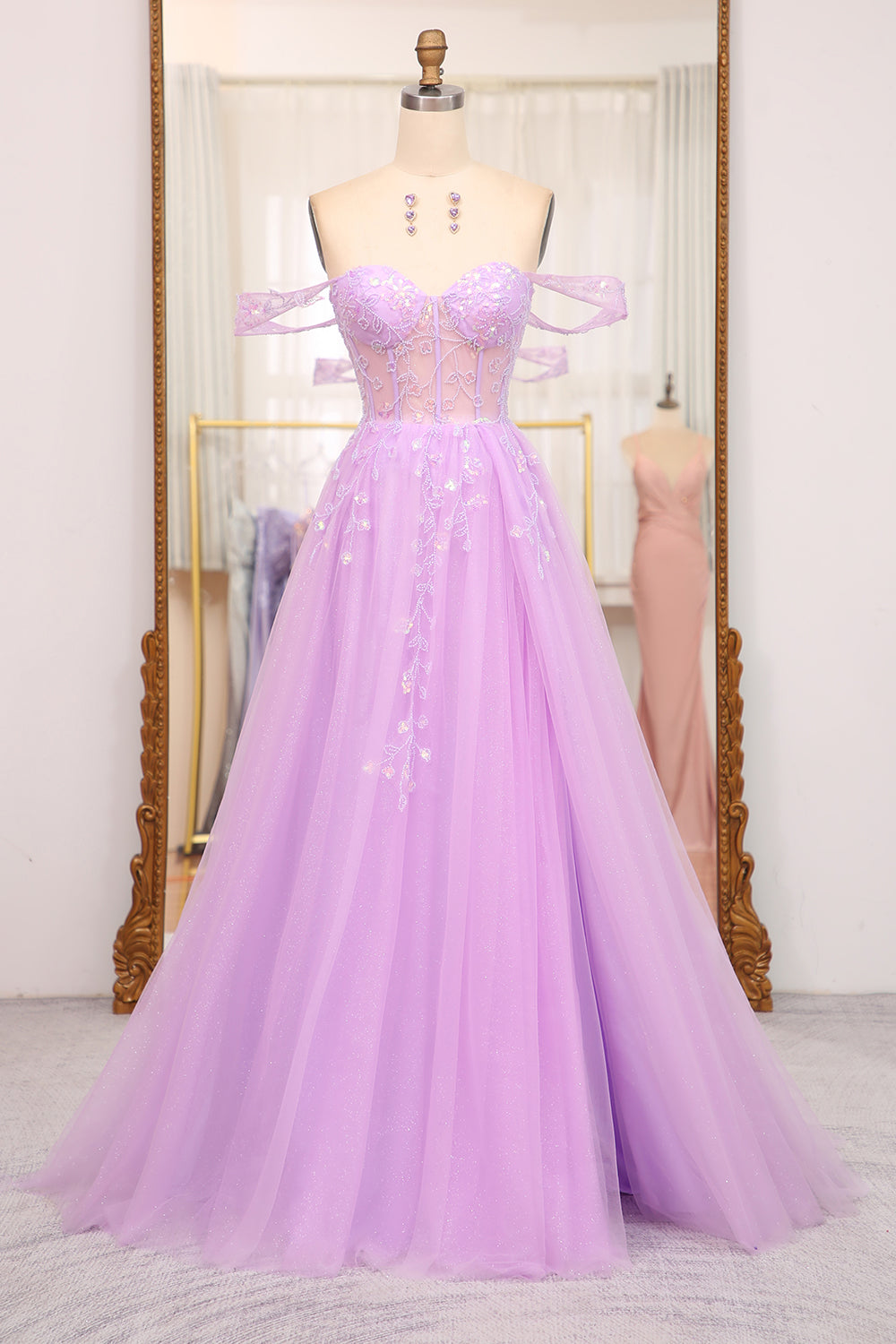 Light Purple A Line Off the Shoulder Long Corset Prom Dress With Slit