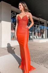 Orange Beaded Open Back Long Prom Dress