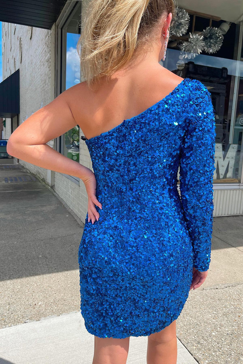 Blue Sequins Homecoming Dress with Sleeves