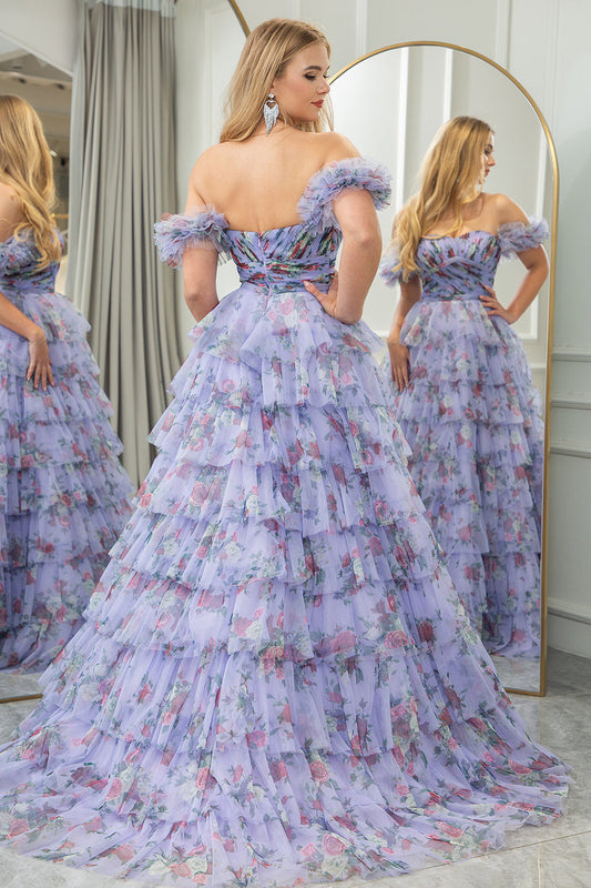 Lavender A Line Strapless Tiered Long Prom Dress With Feathers