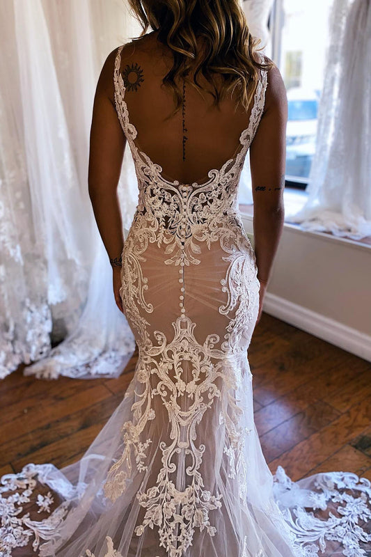 Gorgeous Champagne V-Neck Mermaid Lace Wedding Dress