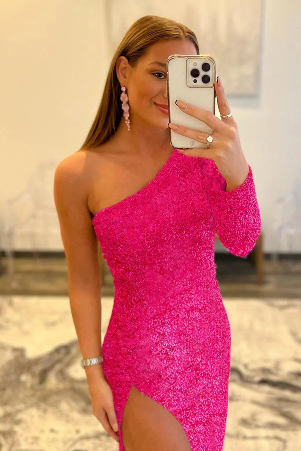 Pink One Shoulder Sequined Prom Dress