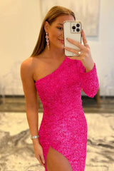 Pink One Shoulder Sequined Prom Dress