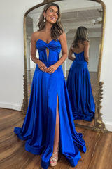 Royal Blue A-Line Corset Satin Long Prom Dress with Slit