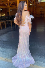 Lavender Appliques Mermaid Prom Dress with Feathers