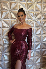 Burgundy Long Sleeve Sequin Mermaid Evening Dress with Split