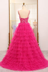 Sparkly Fuchsia A Line Beaded Appliques Tiered Long Prom Dress With Slit