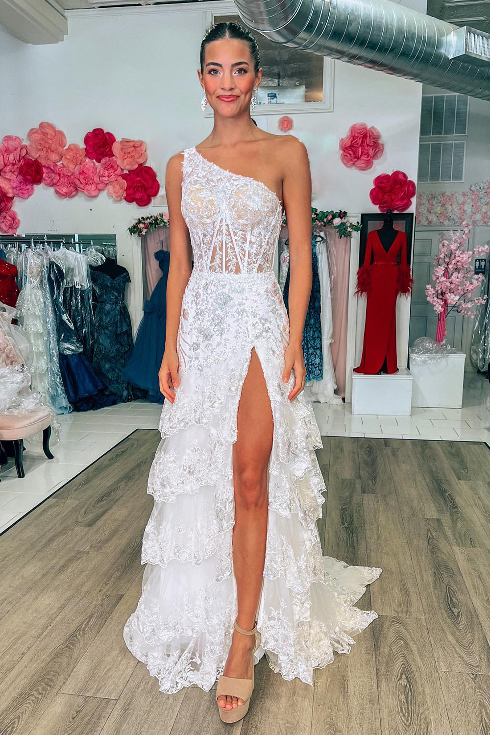 Sparkly White One Shoulder Tiered Lace Long Prom Dress with Slit