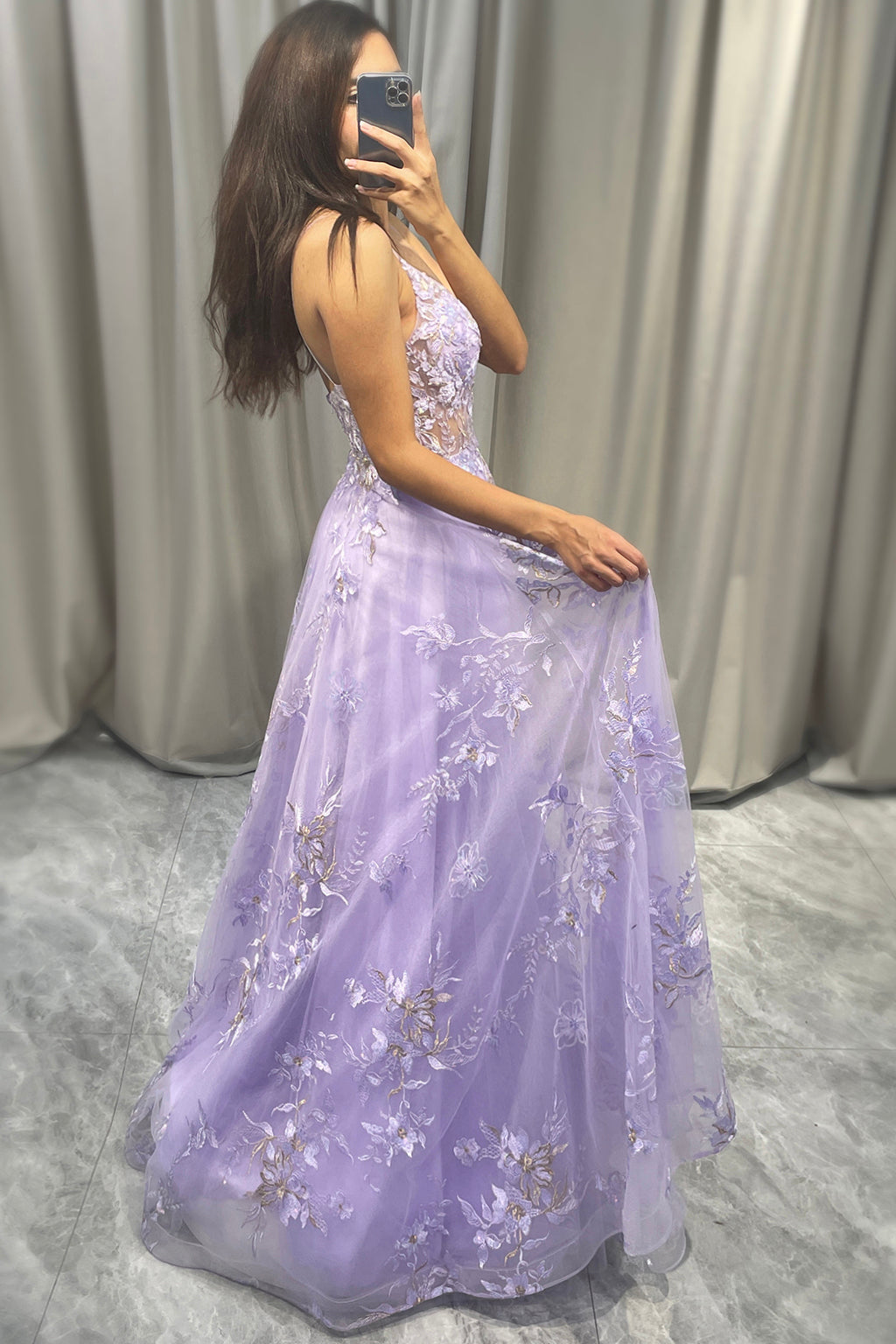 Elegant Purple A Line Tulle Long Prom Dress With Appliques