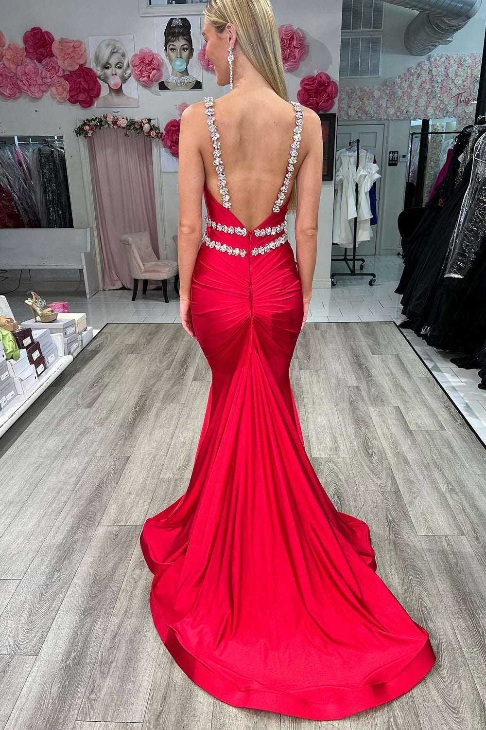 Red Mermaid Backless Sequined Long Prom Dress