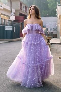 Lilac Tulle A Line Off the Shoulder Long Corset Prom Dress