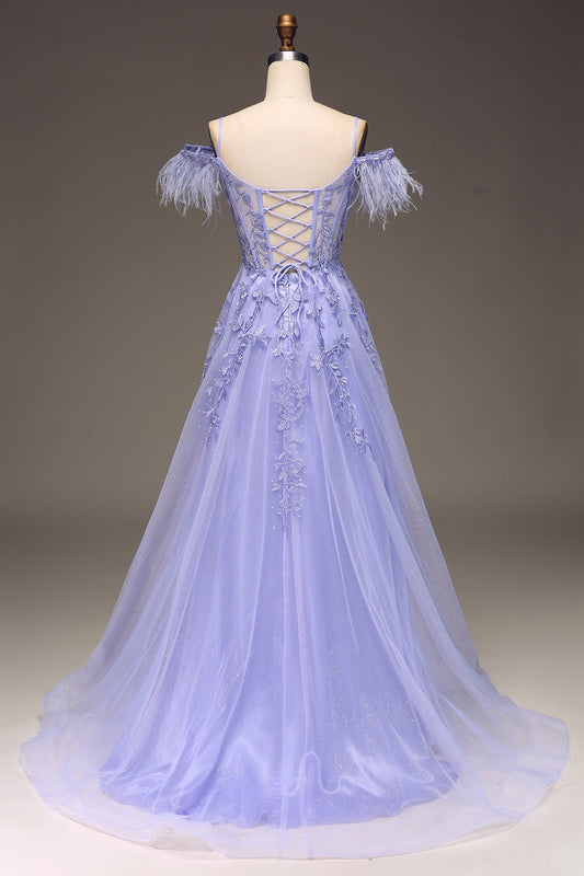 A Line Lilac Long Corset Appliqued Prom Dress With Feather