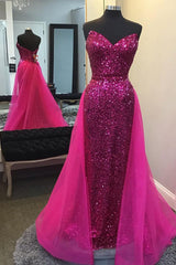 Sparkly Hot Pink Detachable Train Sequins Long Prom Dress