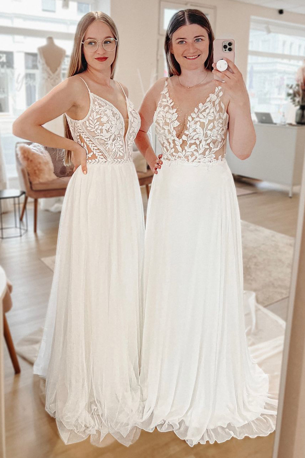 Effortless White A-Line Boho Long Chiffon Wedding Dress with Lace