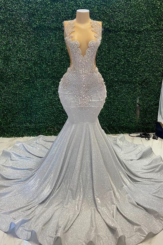 Mermaid Sparkle Silver Beaded Long Prom Dress