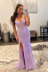 Pink Corset Sweetheart Long Lace Mermaid Prom Dress with Slit