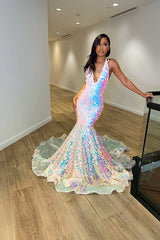 Sequins Halter V Neck Mermaid Evening Dress with Tulle