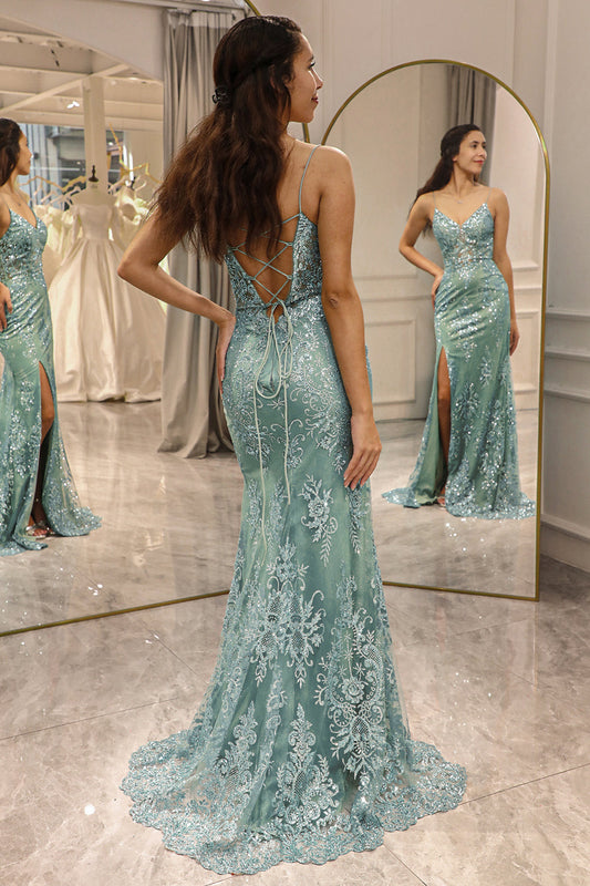 Green Mermaid Long Appliqued Prom Dress With Slit