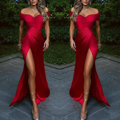 Burgundy Off-The-Shoulder Front Split Mermaid Evening Dress with Sweetheart