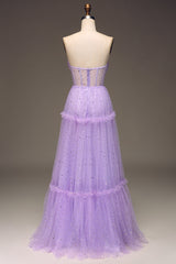 Sparkly Purple A Line Long Corset Sequined Prom Dress