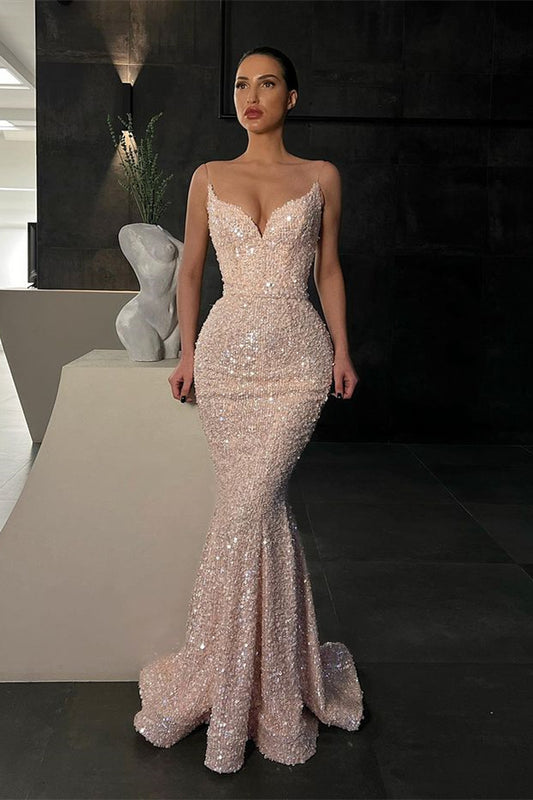 Sequins Long Mermaid Evening Dress with Spaghetti Straps